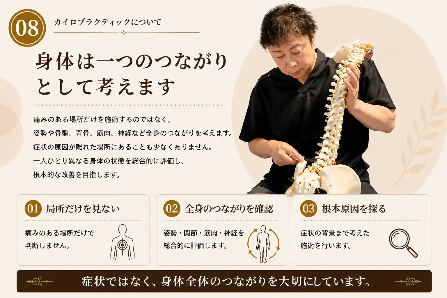 脊柱と骨盤の模型を使って身体全体のつながりを説明する院長