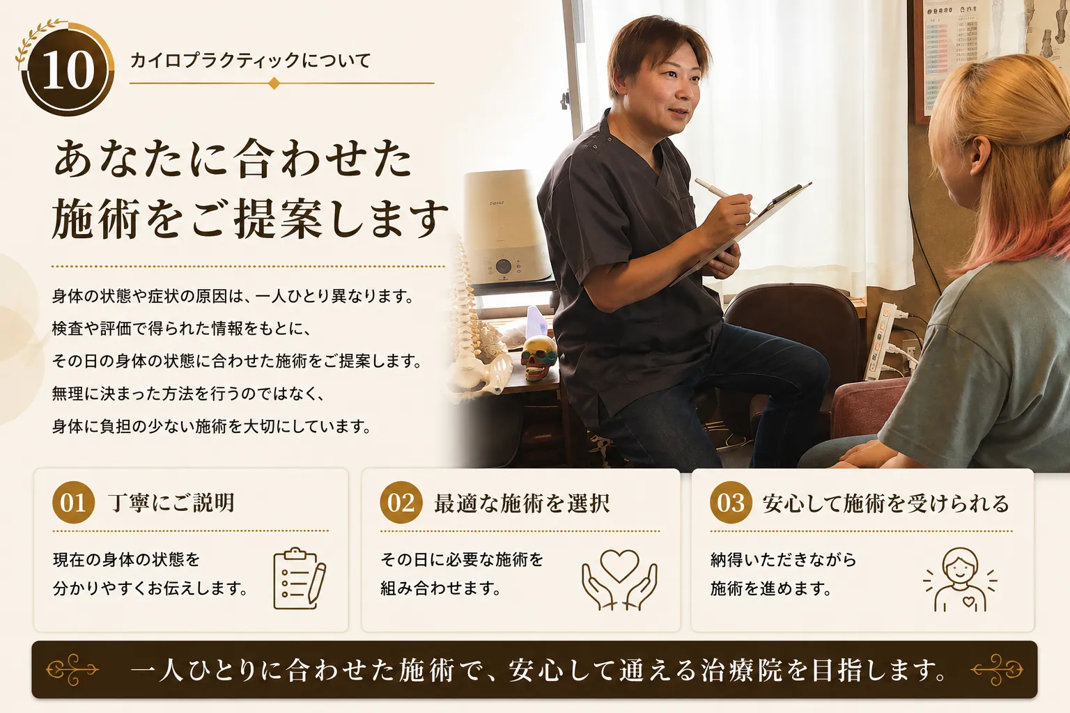 カウンセリングで身体の状態を確認し一人ひとりに合った施術を提案する様子